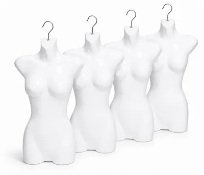 Produktbild von 4er Set Torso Weiblich - 70 cm Damentorso aus Kunststoff - Oberkörper Halbplastik in Farbe weiß - Mannequin Büste - Halbplastischer Damenbody - Puppe Figur - Schaufensterpuppe mit Haken