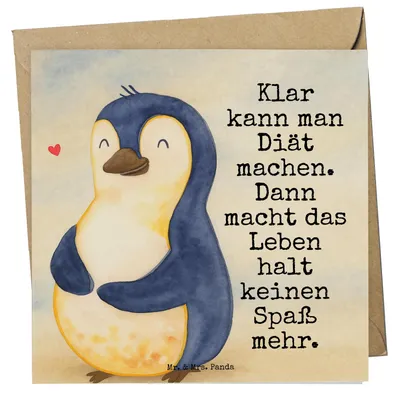 Produktbild von Mr. & Mrs. Panda Grußkarte Pinguin Diät Design - Weiß - Geschenk, anlasskarte, Pinguine, faltkarte, glücklich, Abnehmen, doppelkarte, Klappkarte, Glückwunschkarte