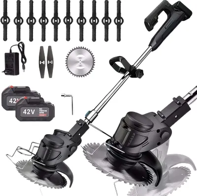 Produktbild von Akku-Rasentrimmer, Elektrischer Rasenschneider mit 2 Batterie und Ladegerät, 180° Trimmwinkel, Teleskop-Stiel & Zusatzhandgriff, Schwarz