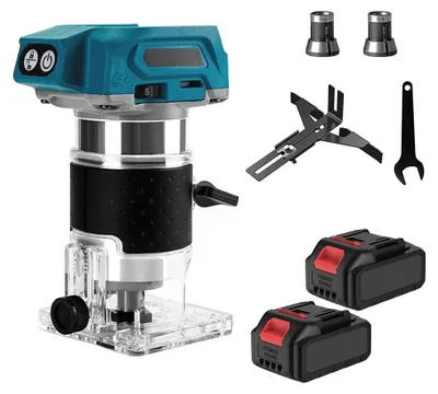 Produktbild von Holzfräse - Akku-Kantenfräse für Holz - Bürstenloser Motor - 18V akkubetrieben - Zum Fräsen und Gravieren - Set mit 2 Akkus
