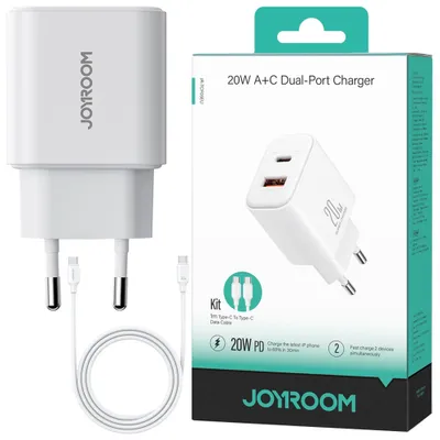 Zdjęcie produktu dla Ładowarka EU Joyroom JR-TCF05 20W USB-A USB-C + kabel USB-C - biała