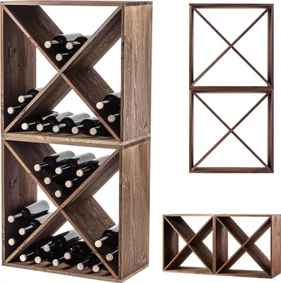 A wooden wine rack with bottles of wine.