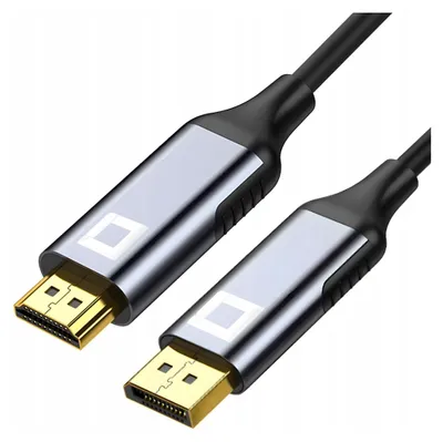 A close-up studio shot of an HDMI to DisplayPort cable.