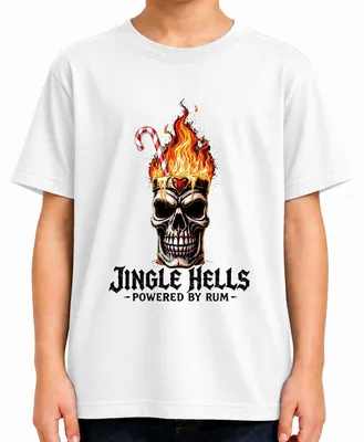 Produktbild von Jingle Hells Powered by Rum Totenkopf Flammen Weihnachten Skull Kinder T-Shirt, Weiß, 128