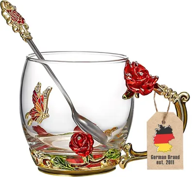 Produktbild von Intirilife Schmetterling Teetasse Blumentasse Kaffeetasse 330 ml aus hitzebeständigem Glas Set mit Löffel in Gold - Rot - Lila - Perfektes Geschenk zum Muttertag, Geburtstag, Hochzeit, handgefertigt
