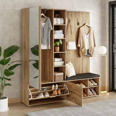 Produktbild von okwish Garderobenset,Wandgarderobe mit Spiegel und Schuhbank,Schrank,Aufbewahrungsschrank mit ausziehbarer Kleiderstange und Kleiderhaken,Eingangsschrank mit offenem Fach,Natur