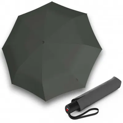 A dark grey umbrella is shown open, with its folded case beside it.
