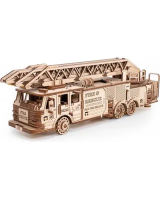 A wooden model of a fire truck with a ladder.