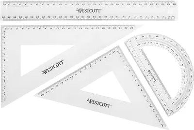 Produktbild von Westcott Geometrieset 4-telig | Matheset mit 30cm Lineal, Geometriedreiecke 45° und 60°, Winkelmesser 180° | Transparenter Kunststoff | Ideal für Schule, Studium und Büro | E-10304 00