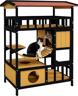 Produktbild von Katzenhaus aus Holz wasserdicht Katzenhütte mit Asphaltdach Terrasse Hängebrück Winterfest Katzenhöhle Katzenkiste Outdoor Schutzhütte für Draußen Garten 84 x 60 x 116 cm Gelb