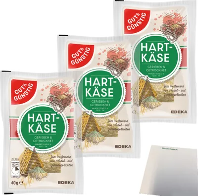 Produktbild von Gut & Günstig geriebener Hartkäse 32% Fett Grated Cheese 3er Pack (3x40g Packung) + usy Block