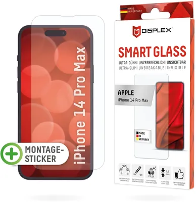 Produktbild von Displex Smart Glass (9H) für Apple iPhone 14 Pro Max, Montagesticker, unzerbrechlich, ultra-dünn, unsichtbar, Apple, iPhone 14 Pro Max, Trockene Anwendung, Schlagfest, Kratzresistent, Staubresistent, Transparent, 1 Stück(e)
