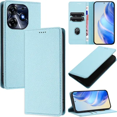Produktbild von Litchi Leder Handyhülle für Tecno Spark 10 Pro 4G Wallet Kartenfächer Standfunktion Hülle Hellblau