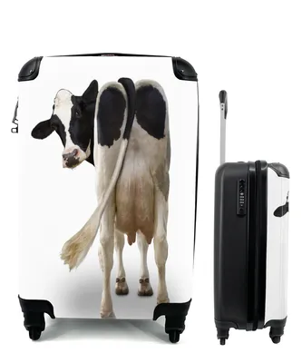 Produktbild von MuchoWow® Koffer Handgepäck Trolley Rollkoffer Kleine Reisekoffer mit 4 Rollen - Kuh schaut von hinten in die Kamera auf weißem Hintergrund - Cabin Size < 55x40x23 cm & 55x40x20 cm - Fotokoffer - Kabinenkoffer - Boardgepäck - Reise-Box - Reisekoffer - Reisegepäck - Koffer mit Bild - Trolley für Kinder