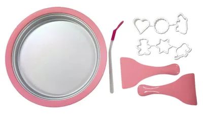 A set of tools for making rolled ice cream, including a freezing plate, spatulas, and cookie cutters.