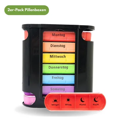 Produktbild von Frohbach 7 Tage Tablettenbox - Seniorenfreundliche Medikamentenbox für 1 Woche, BPA Frei, für unterwegs & Zuhause, 4 Fächer pro Tag, Schwarz, 2 Stück