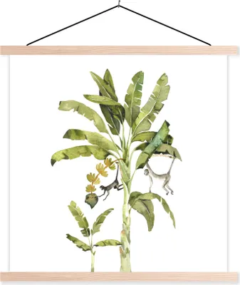Produktbild von MuchoWow® Textilposter Dschungel - Palme - Affe 120x120 cm mit holzfarbenen Rahmen - Textil-Poster