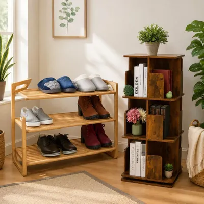 Image de Ensemble de rangement en bambou (2 pièces) – Étagère à chaussures empilable en bambou et bibliothèque d'angle pivotante
