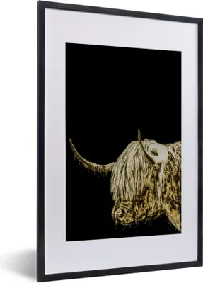 Produktbild von MuchoWow® MuchoWow® Gerahmtes Poster Schottisches Hochlandrind - Schwarz - Gold 40x60 cm - Poster mit zchwarzem Bilderrahmen - Poster in Rahmen