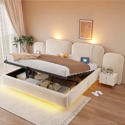 Produktbild von Merax Polsterbett 180x200cm mit hydraulischem Stauraum, Doppelbett mit LED-Beleuchtung, Samtbett mit USB-C Ladeanschluss, gepolstertem Kopfteil, Beige
