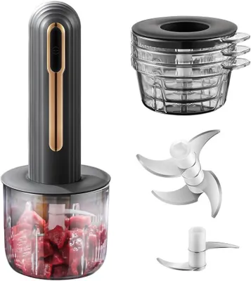 Produktbild von Elektrischer Knoblauchzerkleinerer, Mini Zerkleinerer USB aufladbar mit 4 Behältern, Gemüse- & Zwiebelhacker für Fleisch, Chili und Nüsse