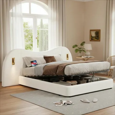Produktbild von 180*200cm Polsterbett, Doppelbett, hydraulisches Funktionsbett, mit USB-Ladeanschluss und Leselampe, Kopfteil und gepolstertes Kopfteil, Weiß Bouclé