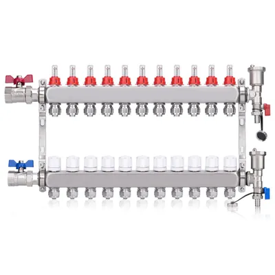 Produktbild von 11 Heizkreise Edelstahl-Heizkreisverteiler Fußbodenheizung Verteiler Systemverteiler, 16mm Klemmverschraubung/Entlüfter/1" Kugelhähne, Festwertregelse