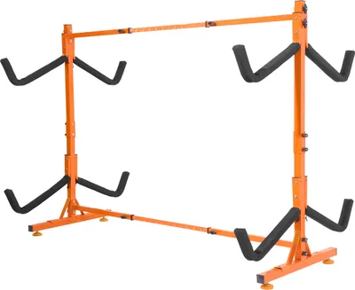 An orange and black freestanding kayak storage rack against a white background.