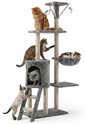 Produktbild von Kratzbaum für Katzen, Katzenturm 139 cm, Katzenbaum mit Häuschen Hängematte Stufen und Spielzeug, Aktivitätskratzbaum, Grau