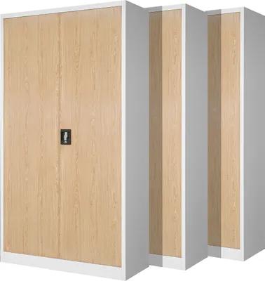Three metal filing cabinets with wood-grain doors are shown side-by-side against a white background.