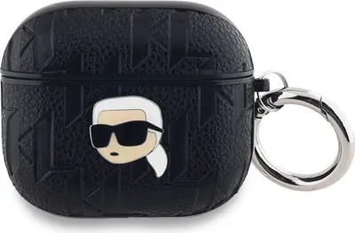 A black Karl Lagerfeld AirPods 3 case with a Karl Head graphic and a silver keyring attached.