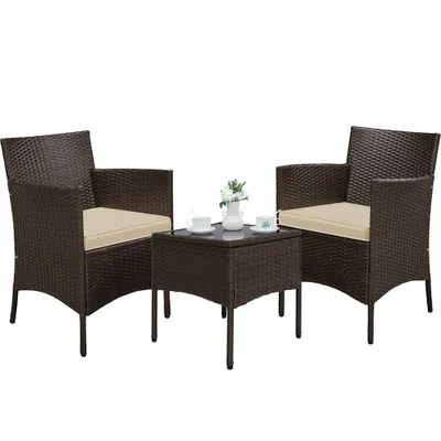 A set of outdoor furniture, including two chairs and a small table, is displayed against a white background.