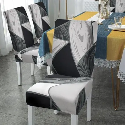 Produktbild von Set aus abnehmbaren, wasbaren, elastischen Stuhlbezügen mit hoher Rückenlehne - aus Elasthan - für Restaurants, Küchen oder Festhallen (geometrisches Muster, schwarz).