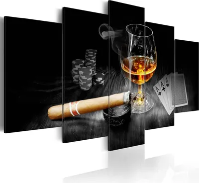 Image de Toiles 200 x 100 cm i-A-0101-b-o Toile intissé 5 pièces Impression artistique moderne Tableaux muraux XXL Décoration murale Design Tableau mural CIGARE POKER JEU DE CARTES GENTLEMAN