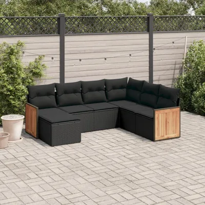 Produktbild von Design 7-tlg. Garten-Sofagarnitur mit Kissen Schwarz Poly Rattan, Gartenmöbel-Sets 2024 Neu