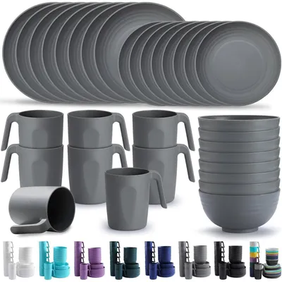 Immagine prodotto di Set di stoviglie in plastica, 32 pezzi per 8 persone, colore grigio. Adatto al microonde, privo di BPA, lavabile in lavastoviglie