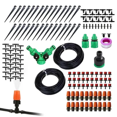 Image de Système d'irrigation pour jardin - Kit de tuyau d'arrosage goutte à goutte - Pour l'arrosage des plantes - Réglable à 360 degrés - 149 pièces - Noir