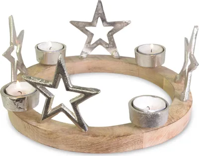 Produktbild von Holz Adventskranz mit Sternen für Teelichter Ø 25 cm | 75219 - Silber Kerzenhalter