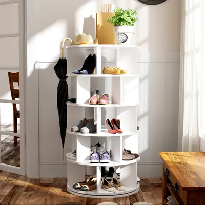 Produktbild von okwish Schuhregal, drehbarer Winkel, weiß rund, 5 Ebenen, Höhe 115 cm, Breite 60 cm
