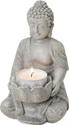 Produktbild von Buddha Figur Deko sitzend Garten Teelichthalter grau