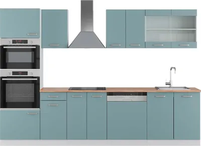 Produktbild von Küchenzeile Vicco R-Line Blau-Grau 300 cm mit Hochschrank, AP Eiche, Model 42377
