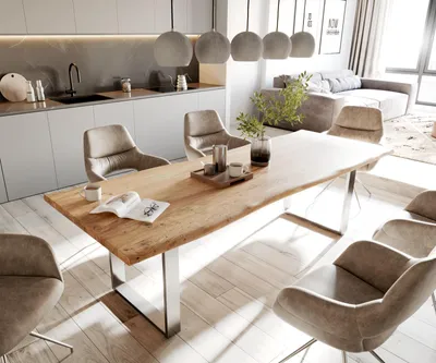 Produktbild von DELIFE Esstisch Edge 260x100 Akazie Natur Edelstahl Schmal Live-Edge
