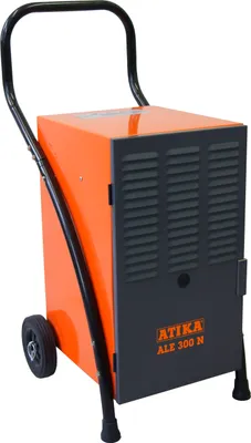 A studio shot of an orange and gray dehumidifier with wheels and a handle.