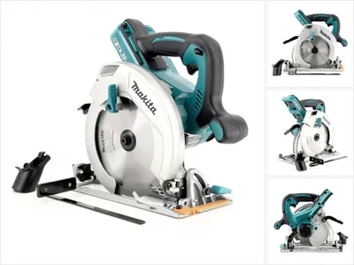 A cordless circular saw is shown against a white background, with smaller inset images of the saw from different angles.