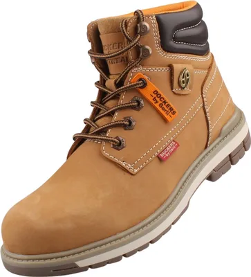 A single tan leather boot is shown against a white background.
