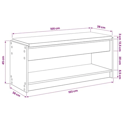 Image de Meuble de rangement pour chaussures vidaXL, avec coussin, en bois de chêne artisanal, 103 x 38 x 45 cm
