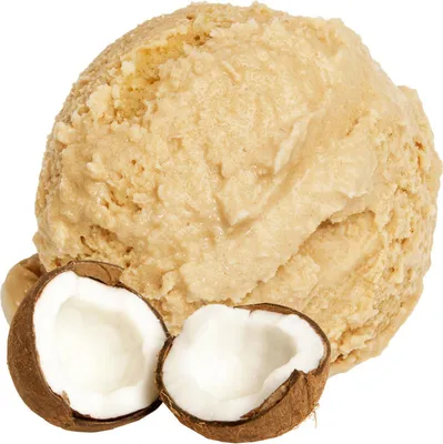 A scoop of light brown ice cream with two halves of a coconut in front of it.