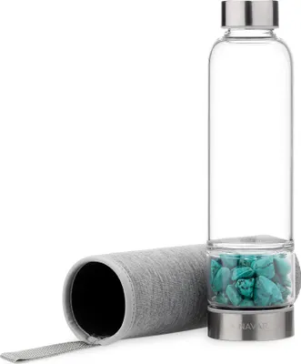Produktbild von Navaris Wasserflasche mit Mineralstein und Neoprenhülle 420ml - Edelsteine Trinkflasche mit Hülle - Kristall Flasche Glasflasche Wasser - Türkis