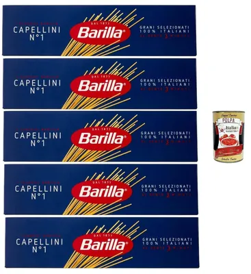 Produktbild von Barilla Capellini Nr. 1 Pasta – 5 x 500 g (2,5 kg) | Extra feine Spaghetti, al dente in ca. 3 Min., 100% Hartweizengrieß – ideal für leichte Saucen & Suppen + Italian Gourmet polpa