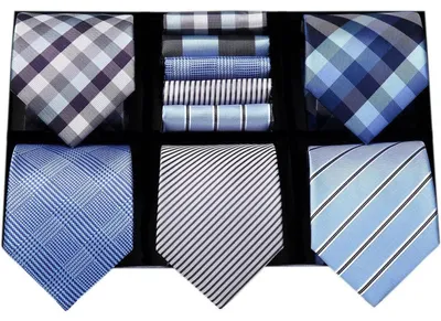 Productafbeelding van Herenset met 5 stropdassen, inclusief zakdoek, van zijde/polyester. Elegant, geschikt voor bruiloften en het kantoor